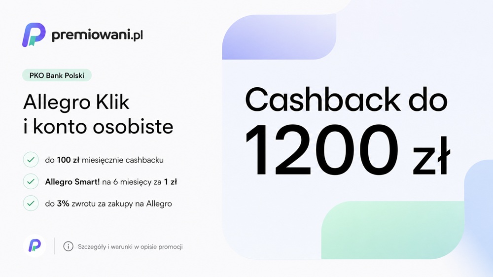 Grafika promocji Allegro Klik w PKO Banku Polskim z cashbackiem do 1200 zł za zakupy na Allegro.