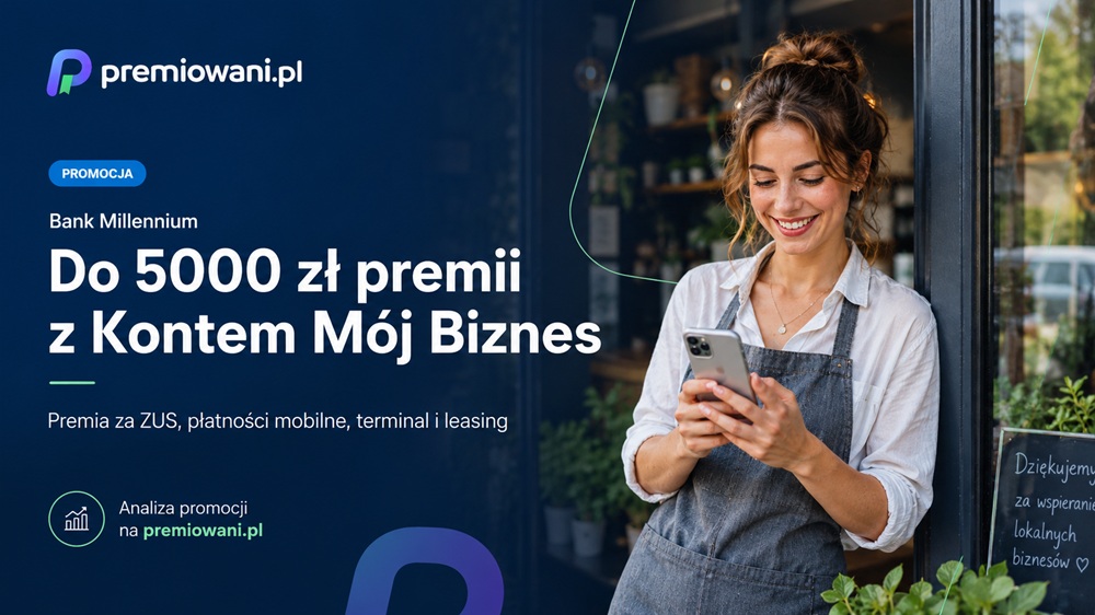 Grafika promocji Konta Mój Biznes w Banku Millennium z premią do 5000 zł na premiowani.pl