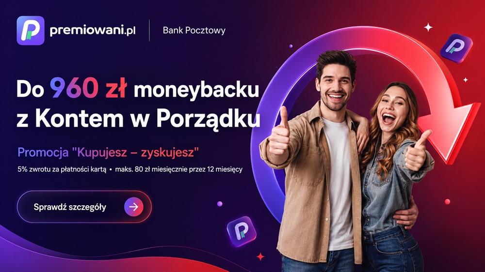 Grafika promocji Banku Pocztowego Kupujesz – zyskujesz z premią do 960 zł moneybacku za płatności kartą do Konta w Porządku.