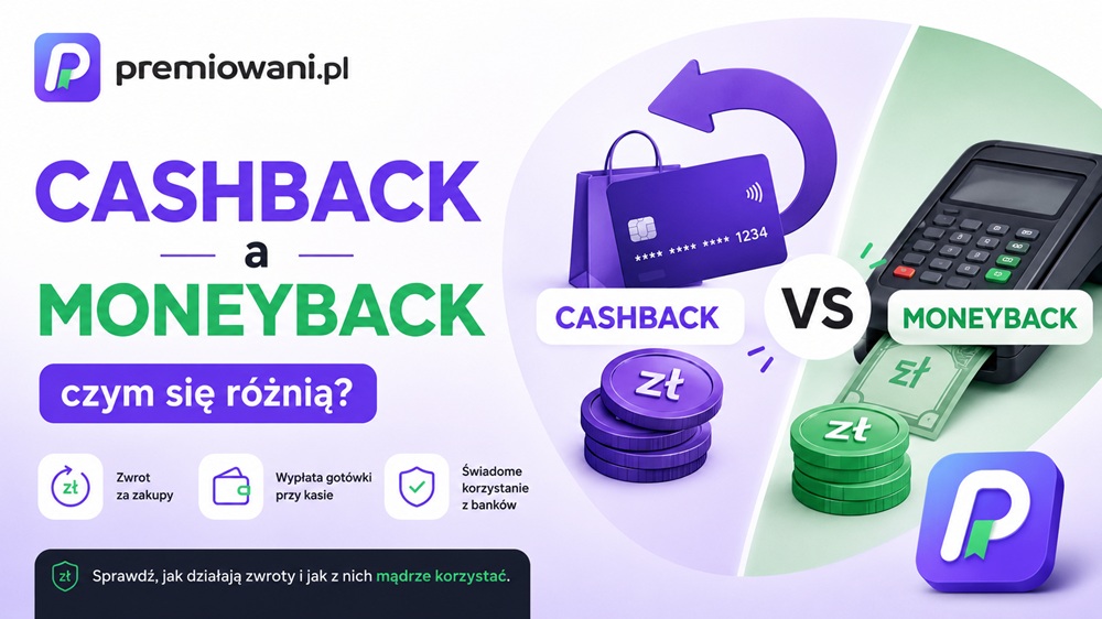 Grafika przedstawiająca różnice między cashback a moneyback z logo Premiowani.pl oraz ikonami płatności i zwrotu pieniędzy.