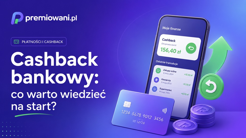 Grafika poradnika o cashbacku bankowym, płatnościach kartą i zwrocie za zakupy w aplikacji bankowej
