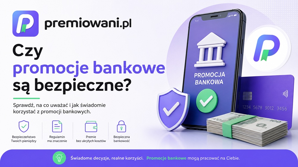Czy promocje bankowe są bezpieczne? Grafika poradnika Premiowani.pl o bezpiecznym korzystaniu z promocji bankowych.
