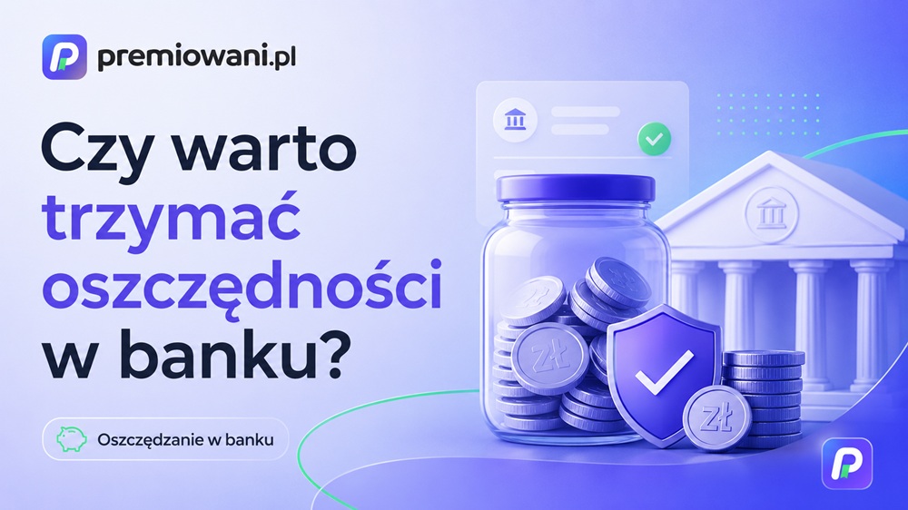 Grafika poradnika „Czy warto trzymać oszczędności w banku?” z symbolem banku, monetami i logo premiowani.pl