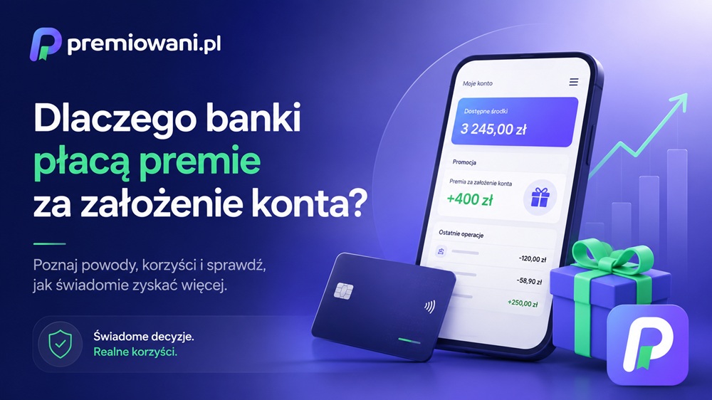 Grafika poradnika premiowani.pl wyjaśniającego, dlaczego banki płacą premie za założenie konta