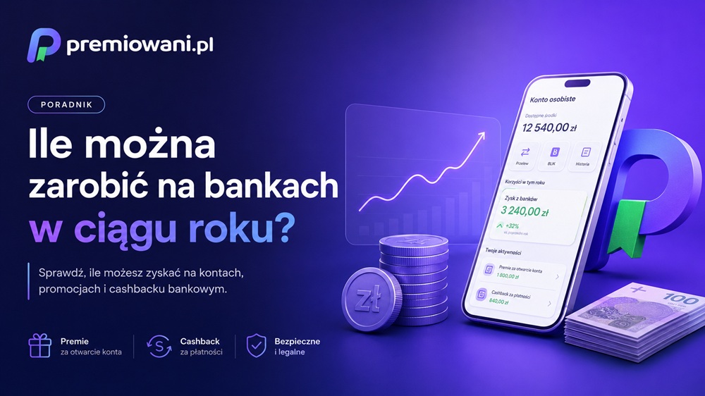 Grafika poradnika premiowani.pl: ile można zarobić na bankach w ciągu roku dzięki promocjom bankowym, premiom za konto i cashbackowi.