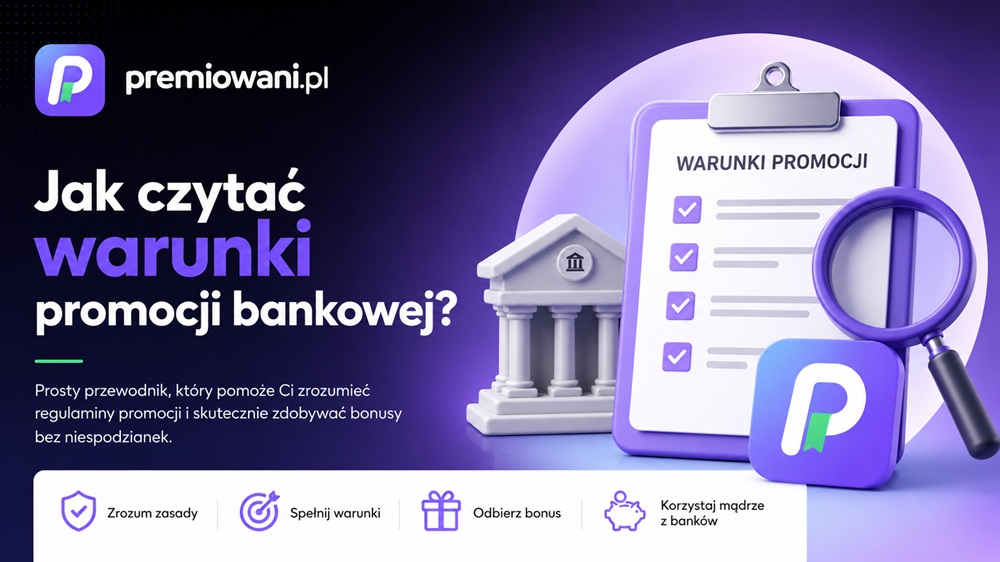 Jak czytać warunki promocji bankowej – grafika poradnika Premiowani.pl