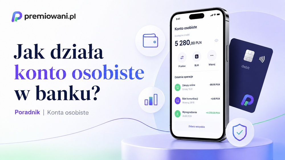 Grafika poradnika Jak działa konto osobiste w banku z aplikacją bankową, kartą debetową i logotypem premiowani.pl