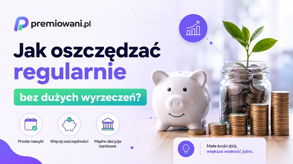 Jak oszczędzać regularnie bez dużych wyrzeczeń – grafika przedstawiająca skarbonkę, monety i rosnącą roślinę symbolizujące systematyczne oszczędzanie.
