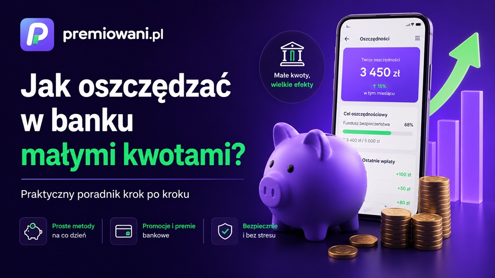 Jak oszczędzać w banku małymi kwotami – grafika poradnika Premiowani.pl