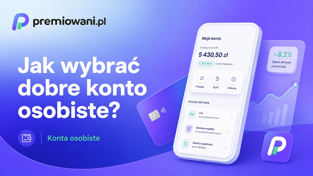 Jak wybrać dobre konto osobiste – smartfon z aplikacją bankową i logo premiowani.pl