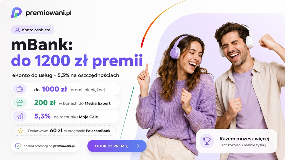 Grafika promocyjna premiowani.pl przedstawiająca promocję mBanku z premią do 1200 zł za eKonto do usług, bonami do Media Expert i oprocentowaniem 5,3% na rachunku Moje Cele.