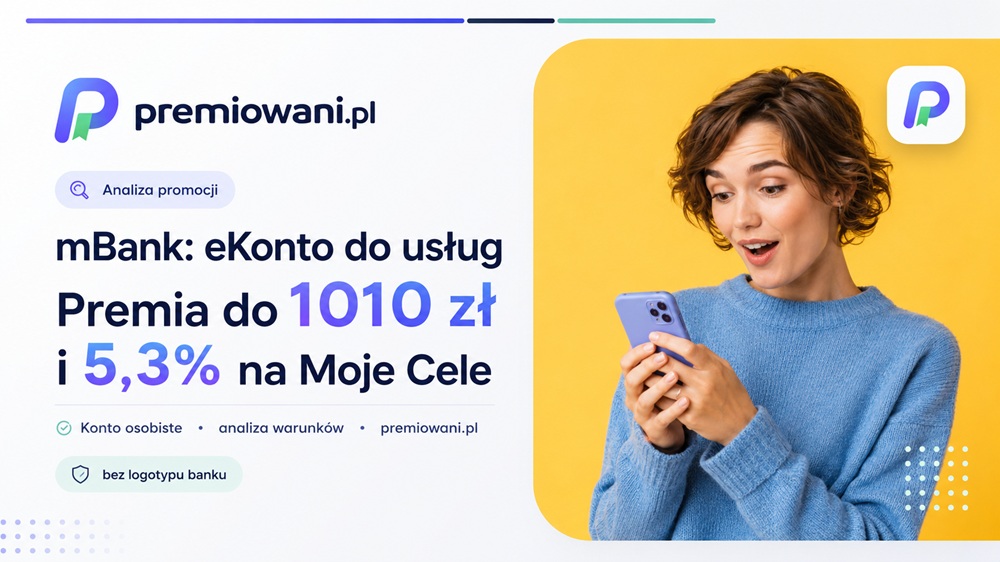 Grafika promocyjna premiowani.pl przedstawiająca promocję mBank eKonto do usług z premią do 1010 zł i oprocentowaniem 5,3% na Moje Cele