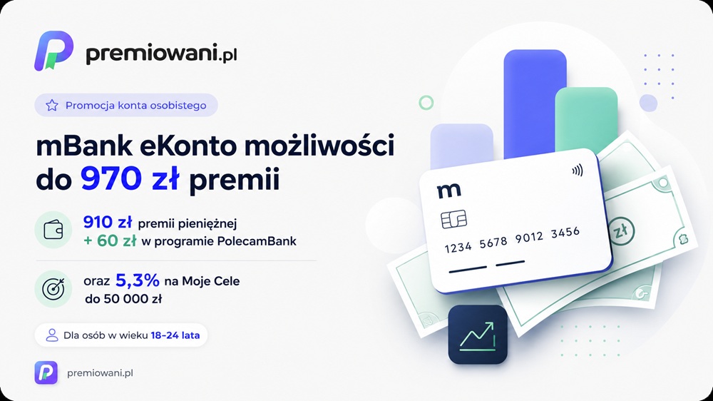 Grafika promocyjna mBank eKonto możliwości z premią do 970 zł oraz oprocentowaniem 5,3% na Moje Cele