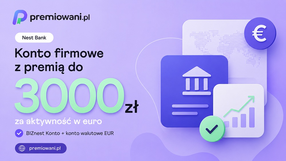 Grafika promocyjna Nest Banku przedstawiająca konto firmowe z premią do 3000 zł za BIZnest Konto i aktywność w euro.