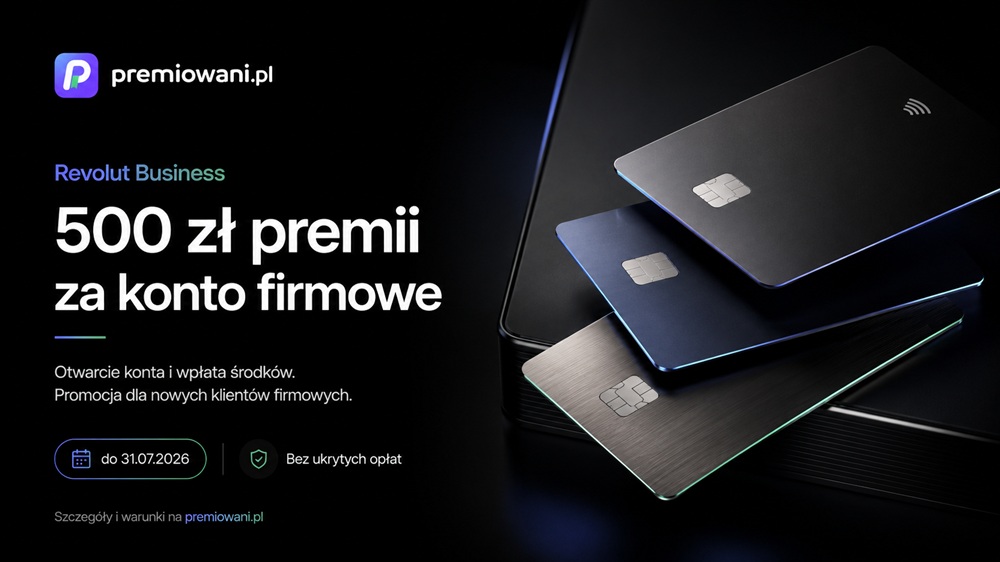 Grafika promocyjna Revolut Business z informacją o 500 zł premii za otwarcie konta firmowego