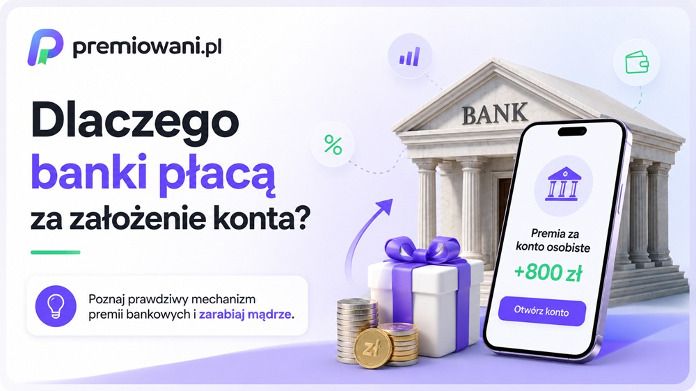 Dlaczego banki płacą za założenie konta – ilustracja przedstawiająca premie bankowe, smartfon z kontem osobistym oraz budynek banku