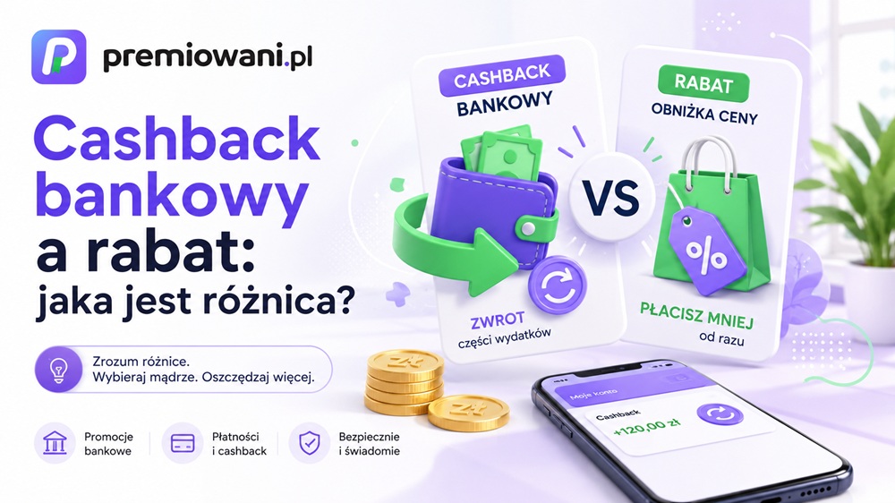 Grafika przedstawiająca porównanie cashbacku bankowego i rabatu oraz najważniejsze różnice między obiema formami oszczędzania.