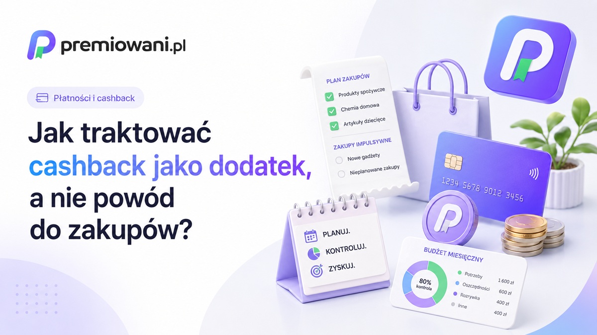 Jasna grafika o traktowaniu cashbacku jako dodatku do planowanych zakupów, z kartą płatniczą, monetami, listą zakupów i logo premiowani.pl