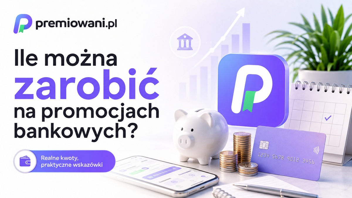Ile można zarobić na promocjach bankowych – grafika przedstawiająca premie bankowe i logo Premiowani.pl