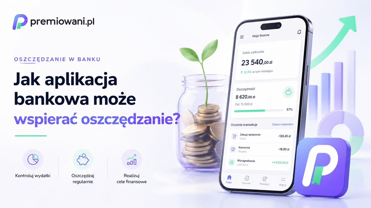 Oszczędzanie w aplikacji bankowej – telefon z panelem finansowym i celami oszczędnościowymi