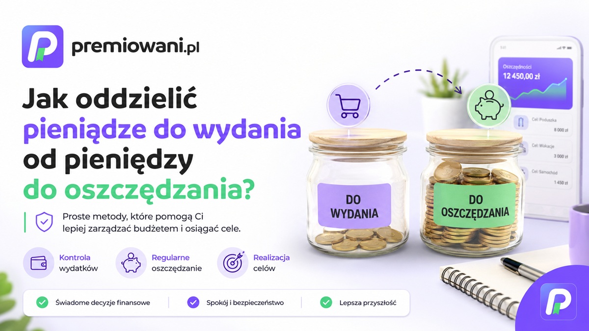 Jak oddzielić pieniądze do wydania od pieniędzy do oszczędzania – ilustracja przedstawiająca podział środków między wydatki i oszczędności na kontach bankowych.