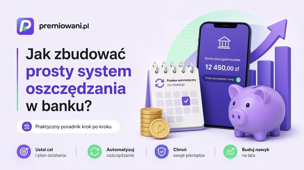Jak zbudować prosty system oszczędzania w banku – ilustracja przedstawiająca konto oszczędnościowe, automatyczne oszczędzanie i logo Premiowani.pl