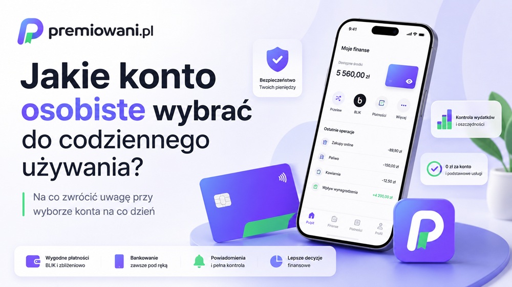 Grafika poradnika premiowani.pl: jakie konto osobiste wybrać do codziennego używania, z aplikacją bankową i kartą płatniczą