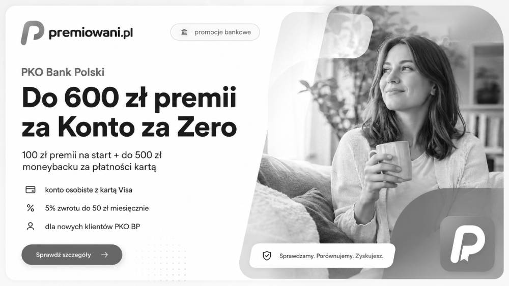 Grafika premiowani.pl o zakończonej promocji PKO Bank Polski: do 600 zł premii za Konto za Zero z kartą Visa.