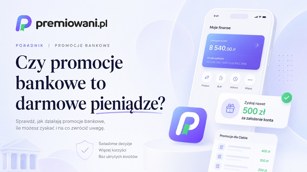 Okładka poradnika o tym, czy promocje bankowe to darmowe pieniądze, z logo premiowani.pl i grafiką aplikacji bankowej