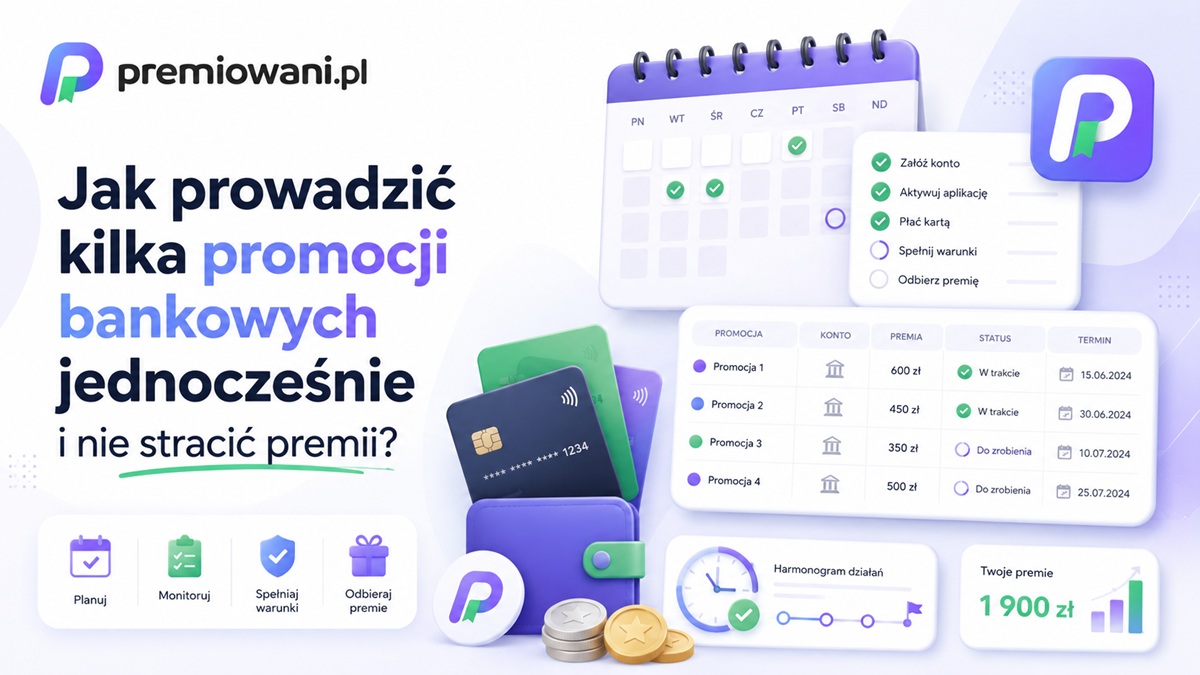Kalendarz, karty płatnicze i tabela pomagające prowadzić kilka promocji bankowych jednocześnie