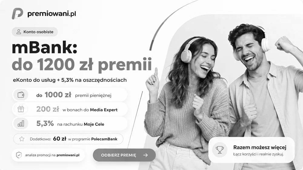 Grafika dotycząca zakończonej promocji mBanku z premią do 1200 zł za eKonto do usług, bonami do Media Expert i oprocentowaniem 5,3% na rachunku Moje Cele.