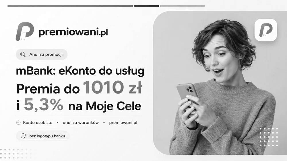 Grafika promocyjna premiowani.pl przedstawiająca zakończoną promocję mBank eKonto do usług z premią do 1010 zł i oprocentowaniem 5,3% na Moje Cele.