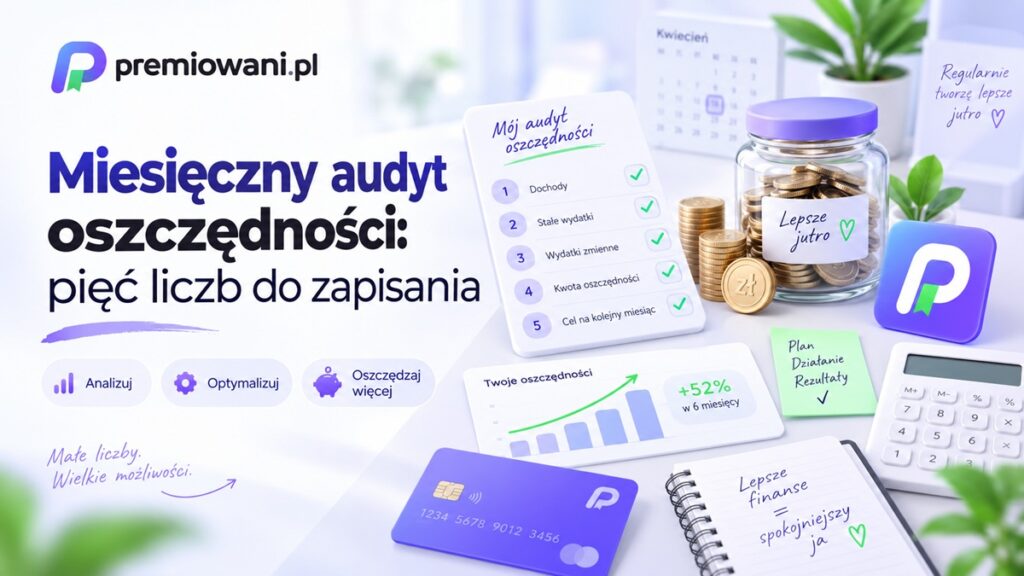 Miesięczny audyt oszczędności – pięć liczb do zapisania, checklista, monety i wykres oszczędności