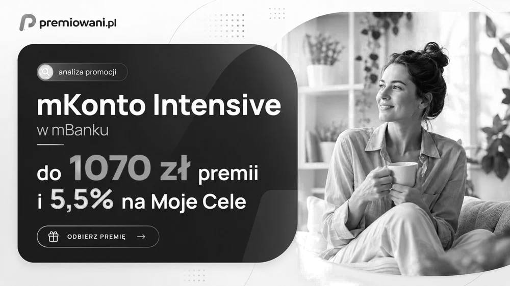 Grafika zakończonej promocji mKonta Intensive w mBanku z informacją o premii do 1070 zł i oprocentowaniu 5,5% na Moje Cele.