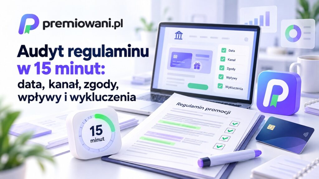 Audyt regulaminu w 15 minut – dokument promocji bankowej, checklista warunków, laptop i logo premiowani.pl