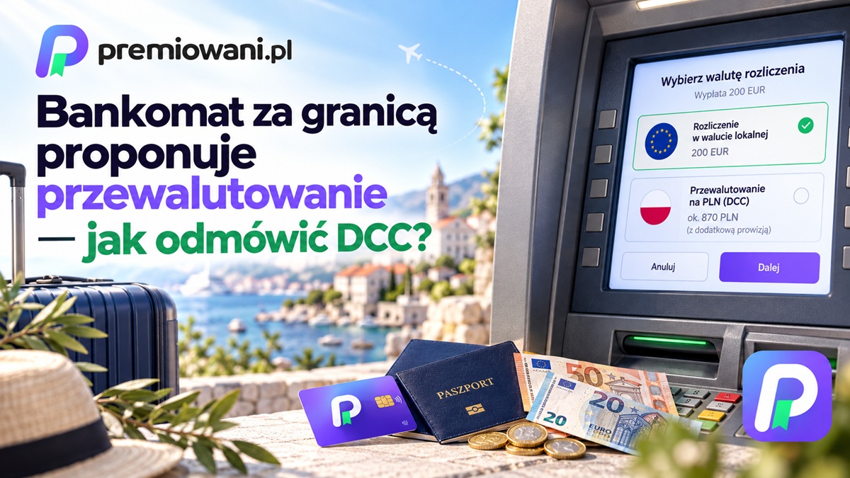 Bankomat za granicą proponuje przewalutowanie DCC na PLN — wybór wypłaty w euro bez przewalutowania przez operatora bankomatu.