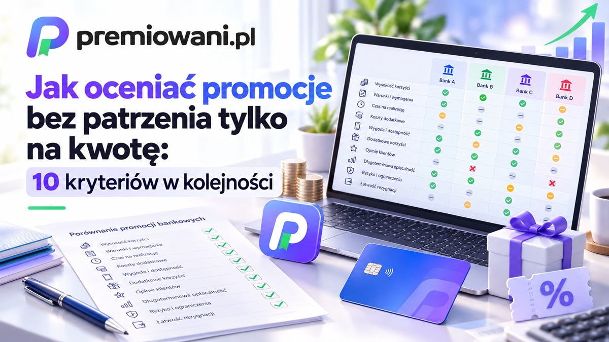 Jak oceniać promocje bankowe – porównanie 10 kryteriów na laptopie z kartą płatniczą, monetami i listą kontrolną.