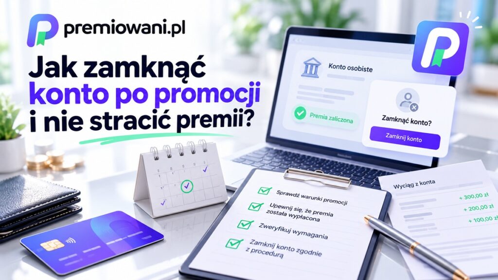 Jak zamknąć konto po promocji i nie stracić premii – grafika z checklistą, kartą bankową, kalendarzem i laptopem.