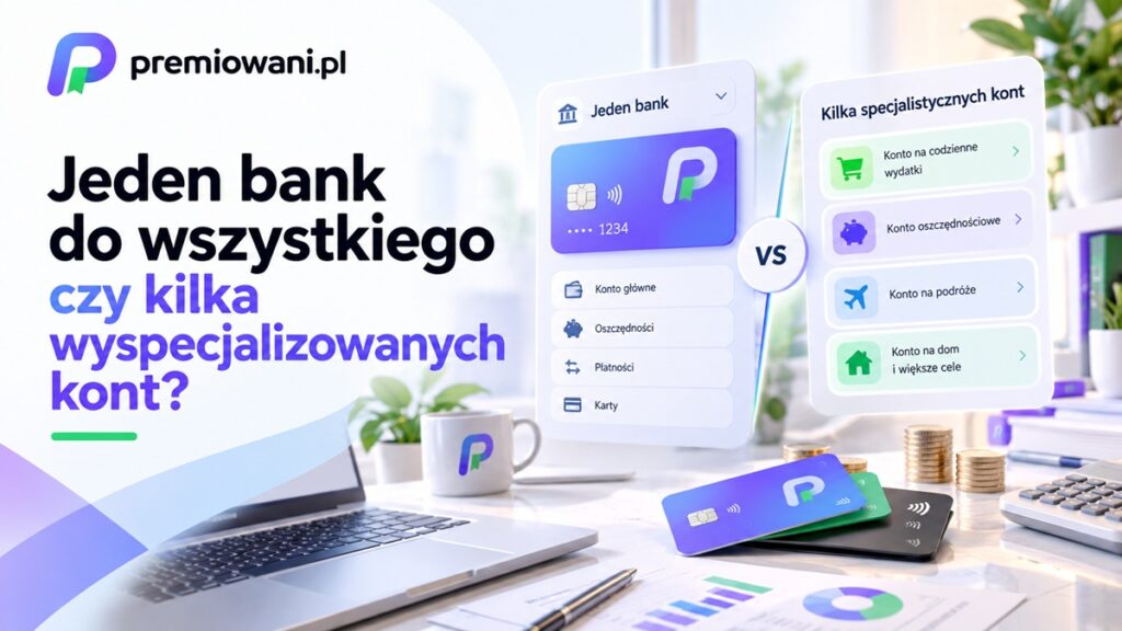 Jeden bank do wszystkiego czy kilka wyspecjalizowanych kont – grafika porównująca konto główne z kontami do wydatków, oszczędności i podróży.