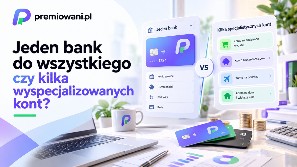 Jeden bank do wszystkiego czy kilka wyspecjalizowanych kont – grafika porównująca konto główne z kontami do wydatków, oszczędności i podróży.