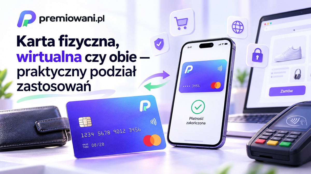 Karta fizyczna i wirtualna obok smartfona, terminala płatniczego i laptopa — porównanie zastosowań