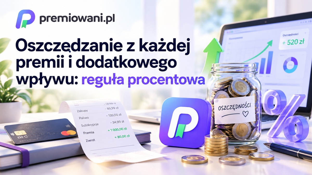 Oszczędzanie z każdej premii i dodatkowego wpływu – słoik z monetami, karta bankowa i wykres wzrostu oszczędności.