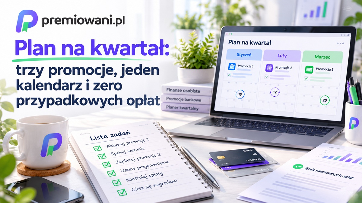 Plan na kwartał z trzema promocjami bankowymi, kalendarzem terminów i checklistą kontroli opłat.