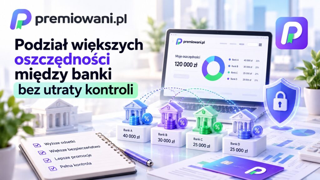 Podział oszczędności między banki – laptop z zestawieniem środków, modele banków i symbole bezpieczeństwa.
