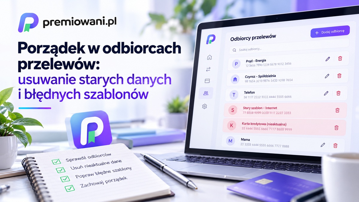 Porządek w odbiorcach przelewów – laptop z listą zapisanych odbiorców, oznaczonymi starymi szablonami i checklistą aktualizacji danych.