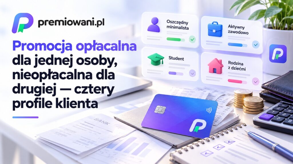 Promocja opłacalna dla jednej osoby, nieopłacalna dla drugiej – cztery profile klientów, karta bankowa, kalkulator i monety.
