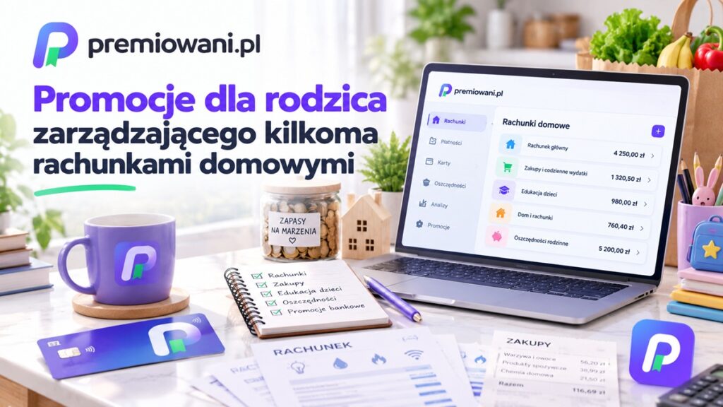Promocje dla rodzica zarządzającego kilkoma rachunkami domowymi – laptop z budżetem rodzinnym, rachunki i karta bankowa