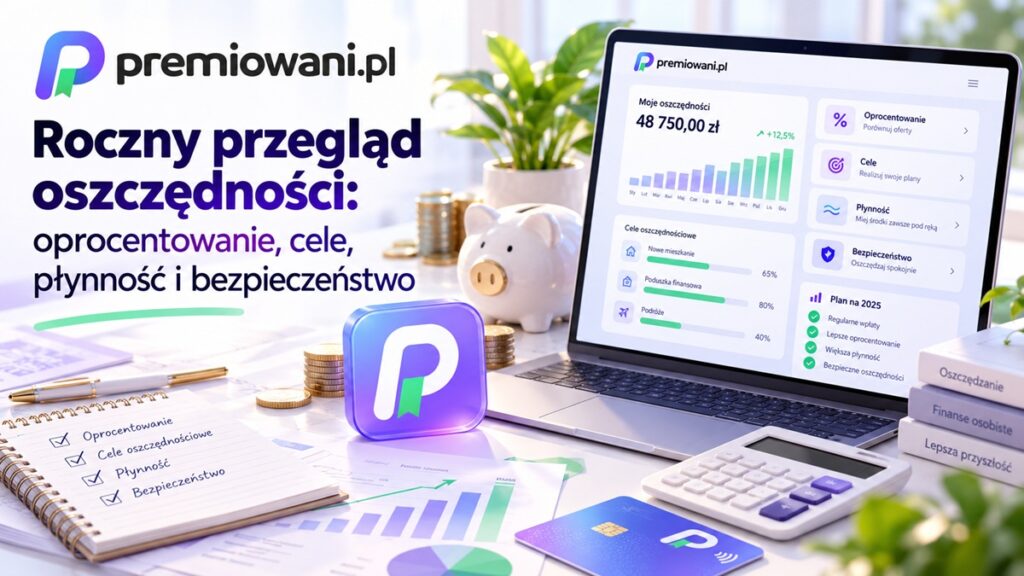 Roczny przegląd oszczędności – laptop z wykresami finansowymi, skarbonka, kalkulator i logo premiowani.pl.