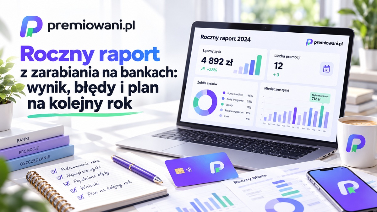 Roczny raport z zarabiania na bankach – laptop z wykresami wyników, notatnik, karta bankowa i logo premiowani.pl.