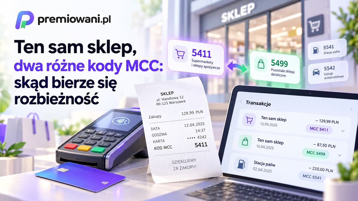 Terminal płatniczy, karta, paragon i porównanie kodów MCC 5411 oraz 5499 dla tego samego sklepu.